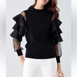 Round neck Black Ruffle Sleeve Sweater